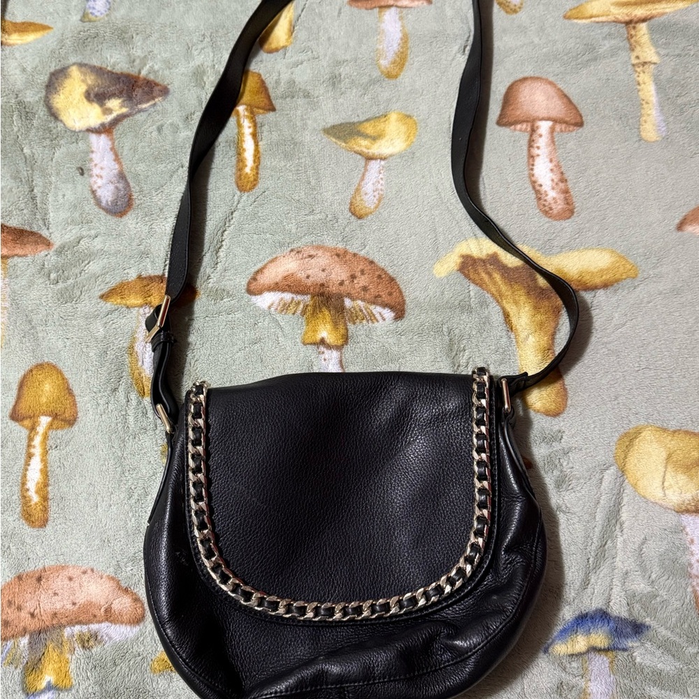 Black Leather Chain-Trimmed Shoulder Bag